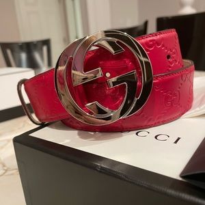 GUCCI Authentic Red Guccissma Leather Silver Interlocking G BUCKLE Belt 85/34
